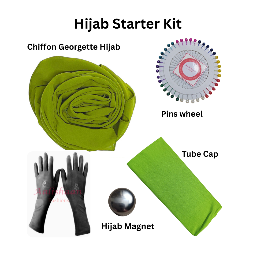 Hijab starter kit with green chiffon hijab, pins wheel, tube cap, gloves, and magnet on a white background.
