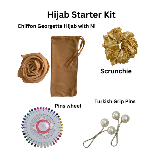 Hijab starter kit with hijab, scrunchie, Turkish grip pins, and pins wheel.