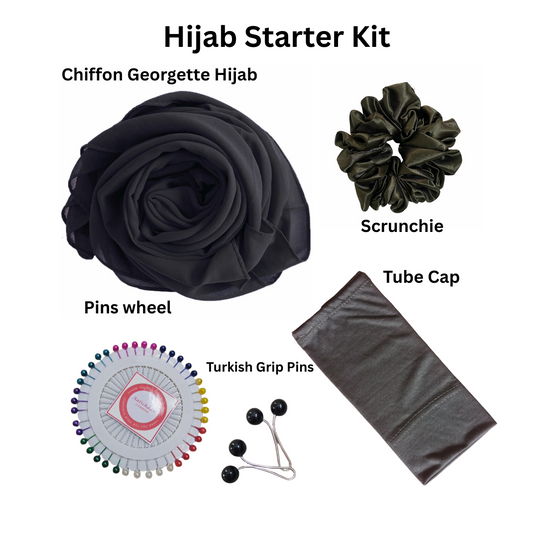 Hijab starter kit with chiffon georgette hijab, scrunchie, tube cap, and pins wheel 
